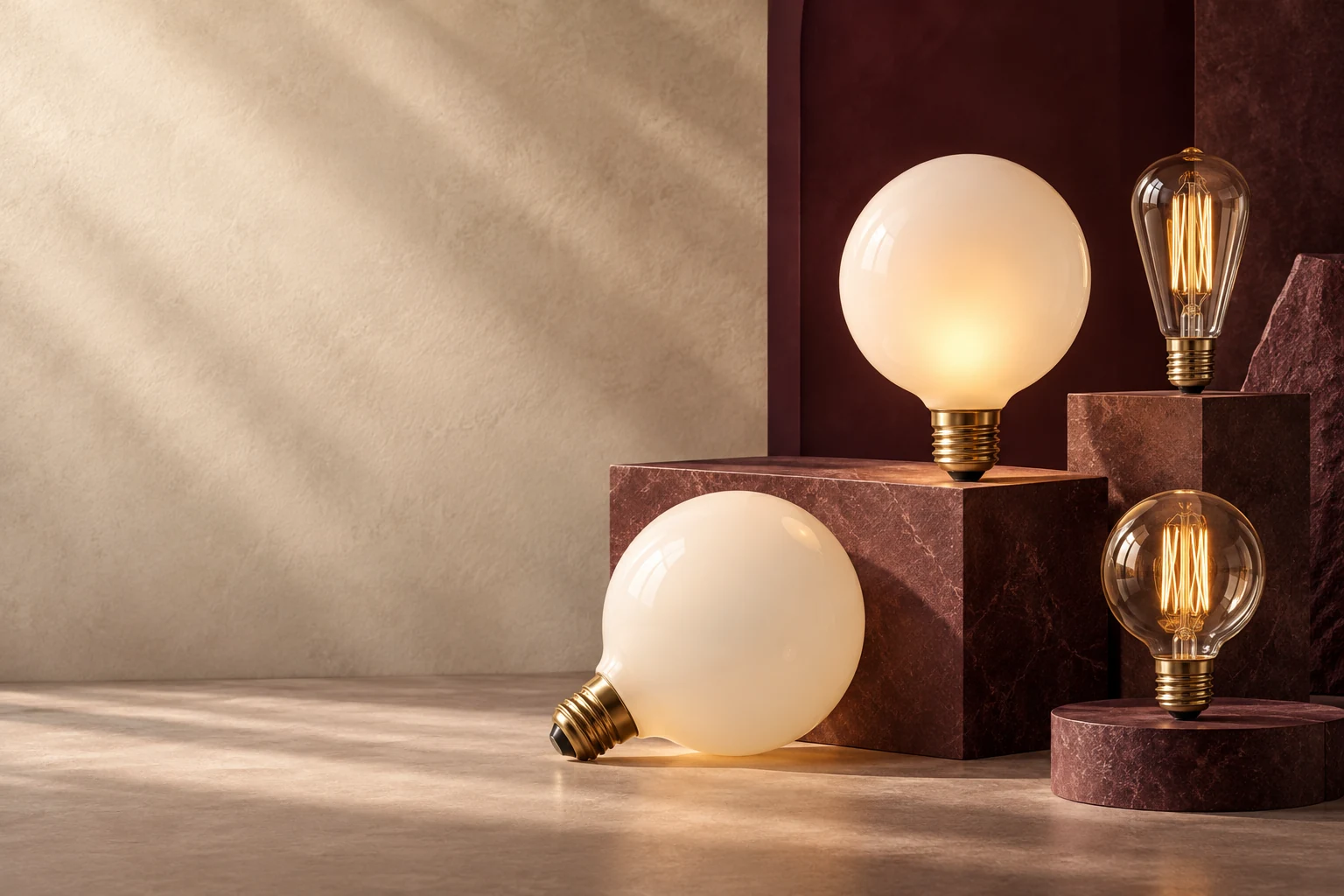 Opal globe and amber filament bulbs with brass screw bases on plum-coloured plinths